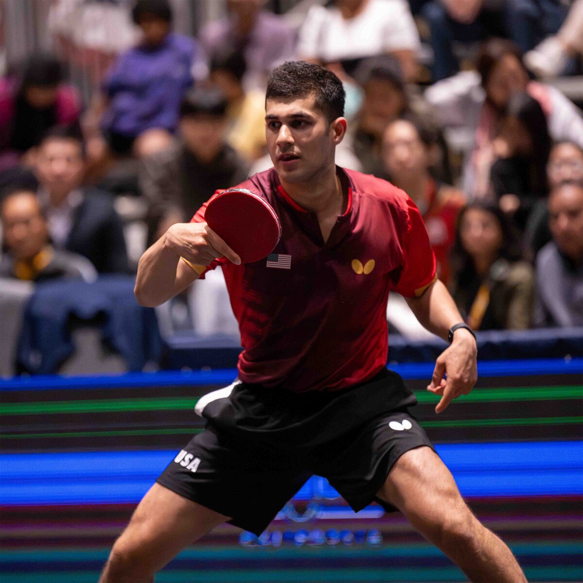 Butterfly Table Tennis USA Team Shirt 26 - Red - Kanak Jha In Action